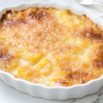 This dish appears to be a pineapple casserole, visibly baked to a golden-brown finish. The surface shows an even distribution of a slightly crisp, caramelized layer, likely from the sugar and cinnamon blend. The casserole has a soft, custard-like texture underneath, with subtle bubbling at the edges, suggesting the presence of the crushed pineapple mixture. Some areas have a slightly darker brown hue, indicating a light browning or caramelization where the sugar may have concentrated. The bright yellow tones from the pineapple peek through the surface, providing a vibrant contrast against the golden crust. The dish is presented in a white, fluted ceramic casserole dish, which enhances the warm, comforting aesthetic of the dessert. The overall presentation is rustic, with a homey, baked appearance, emphasizing warmth and sweetness.