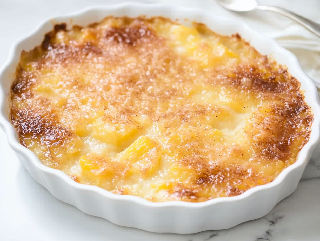 This dish appears to be a pineapple casserole, visibly baked to a golden-brown finish. The surface shows an even distribution of a slightly crisp, caramelized layer, likely from the sugar and cinnamon blend. The casserole has a soft, custard-like texture underneath, with subtle bubbling at the edges, suggesting the presence of the crushed pineapple mixture. Some areas have a slightly darker brown hue, indicating a light browning or caramelization where the sugar may have concentrated. The bright yellow tones from the pineapple peek through the surface, providing a vibrant contrast against the golden crust. The dish is presented in a white, fluted ceramic casserole dish, which enhances the warm, comforting aesthetic of the dessert. The overall presentation is rustic, with a homey, baked appearance, emphasizing warmth and sweetness.