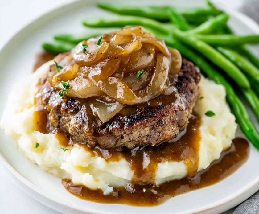 hamburger steak in rich onion gravy, served over creamy mashed potatoes with a side of fresh green beans
